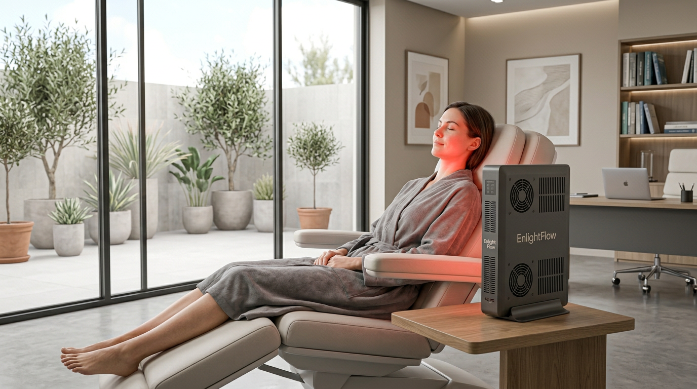 Woman using EnlightFlow red light therapy panel