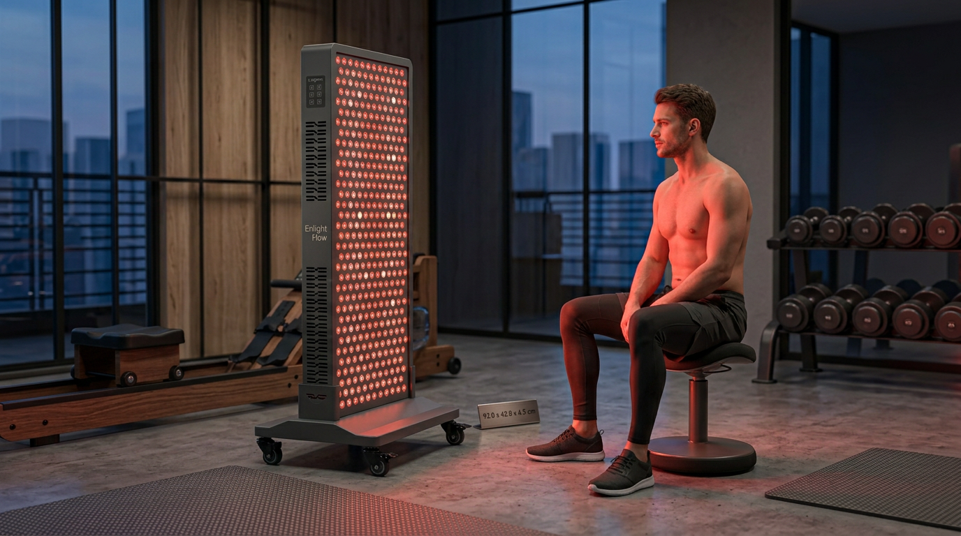 Red light therapy panel in sports recovery facility