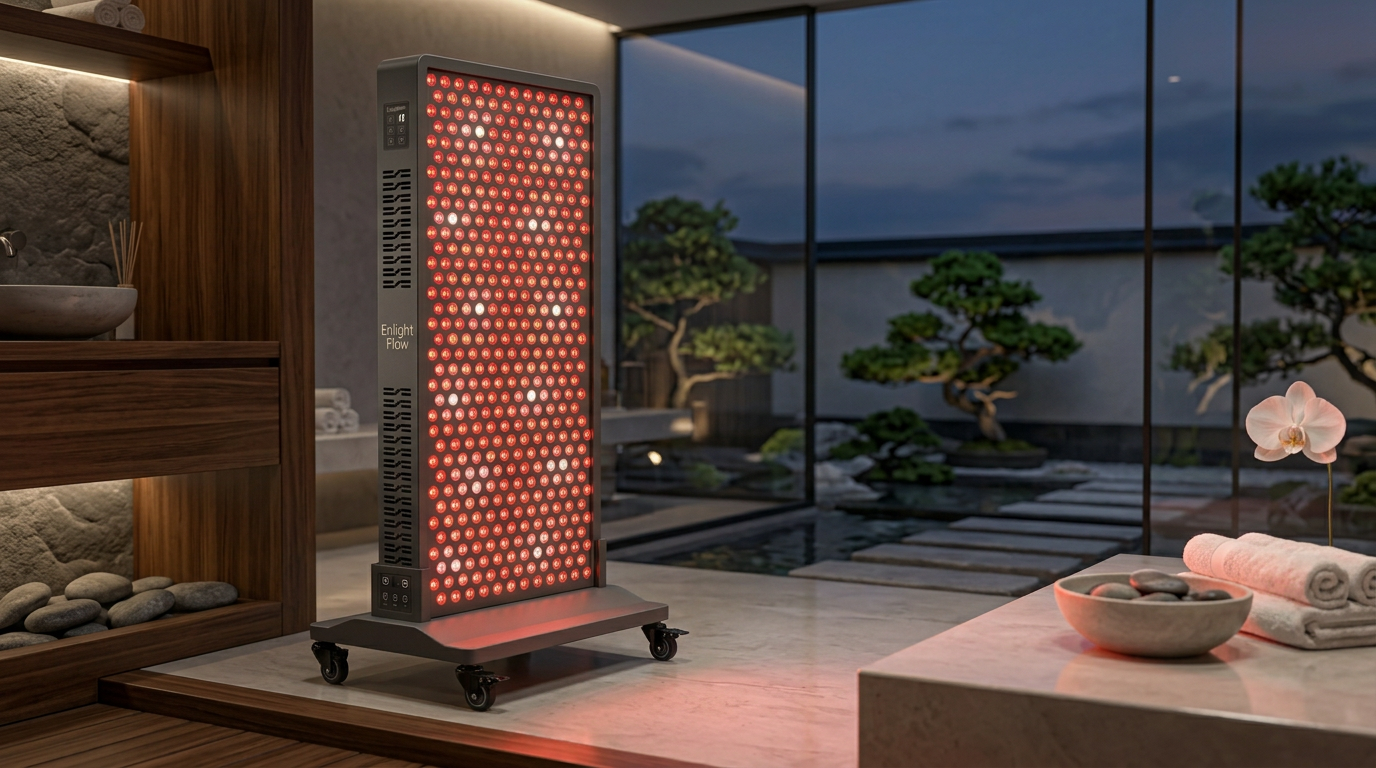 EnlightFlow red light therapy panel in zen spa setting
