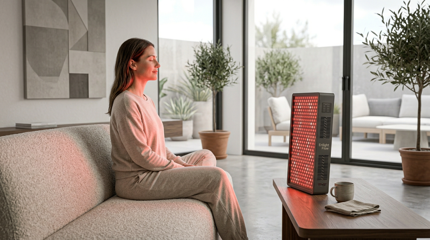 Red light therapy at home in living room